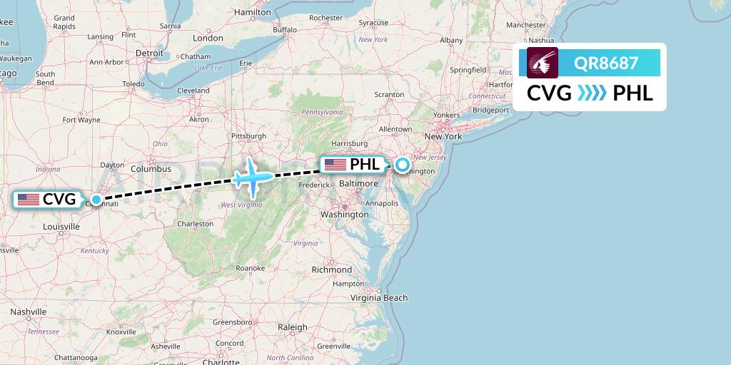 QR8687 Qatar Airways Flight Map: Cincinnati to Philadelphia