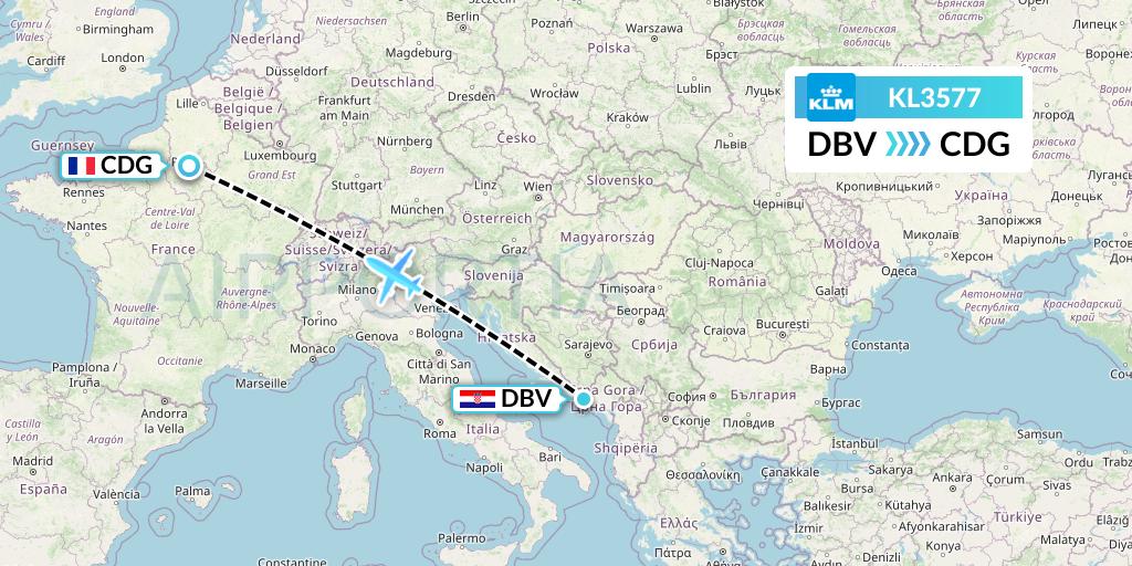KL3577 KLM Flight Map: Dubrovnik to Paris