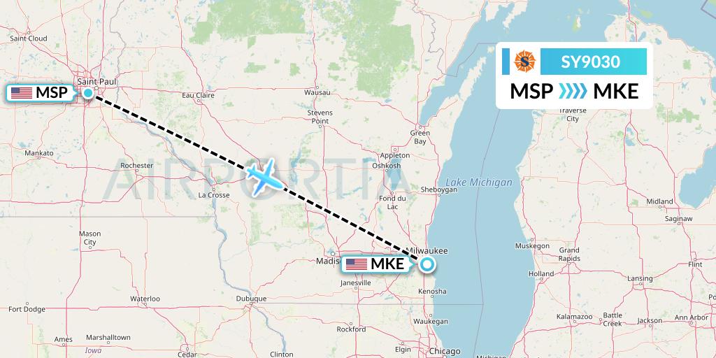 SY9030 Sun Country Airlines Flight Map: Minneapolis to Milwaukee