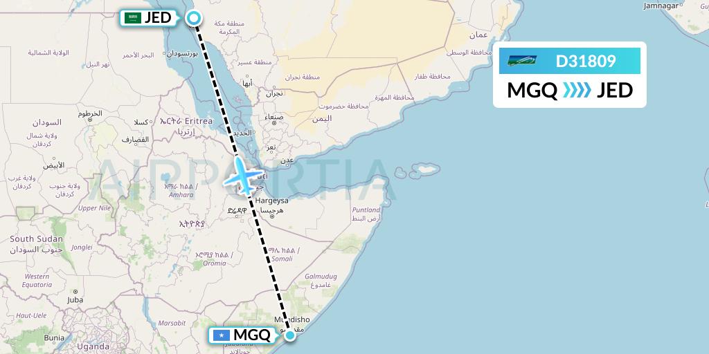 D31809 Daallo Airlines Flight Map: Mogadishu to Jeddah
