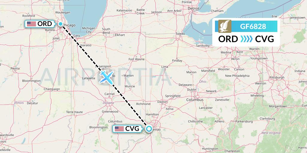 GF6828 Gulf Air Flight Map: Chicago to Cincinnati