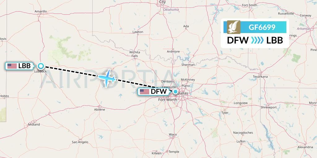 GF6699 Gulf Air Flight Map: Dallas to Lubbock