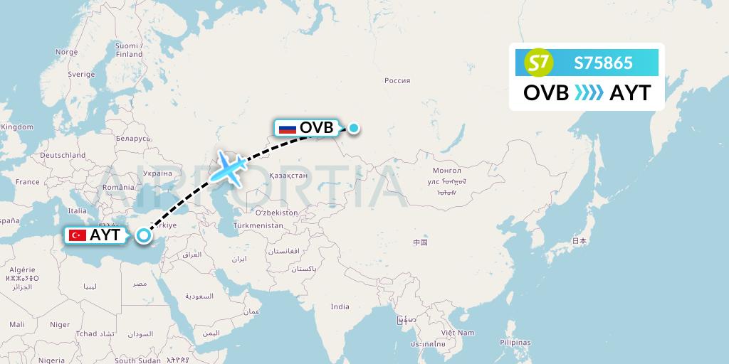 S75865 S7 Airlines Flight Map: Novosibirsk to Antalya