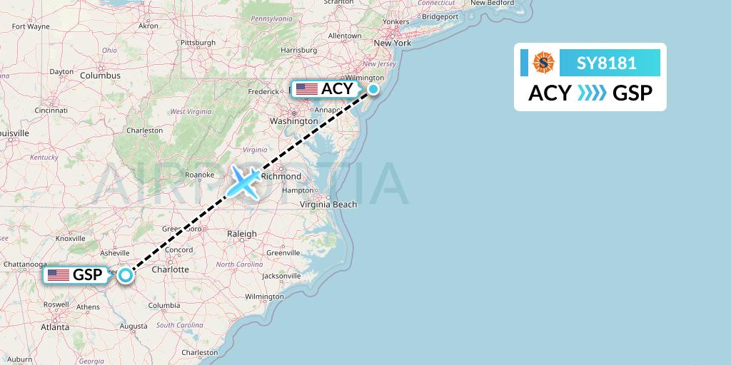 SY8181 Sun Country Airlines Flight Map: Atlantic City to Greenville-Spartanburg
