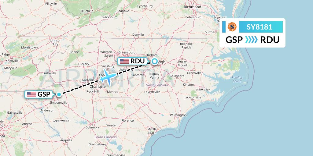 SY8181 Sun Country Airlines Flight Map: Greenville-Spartanburg to Raleigh-Durham
