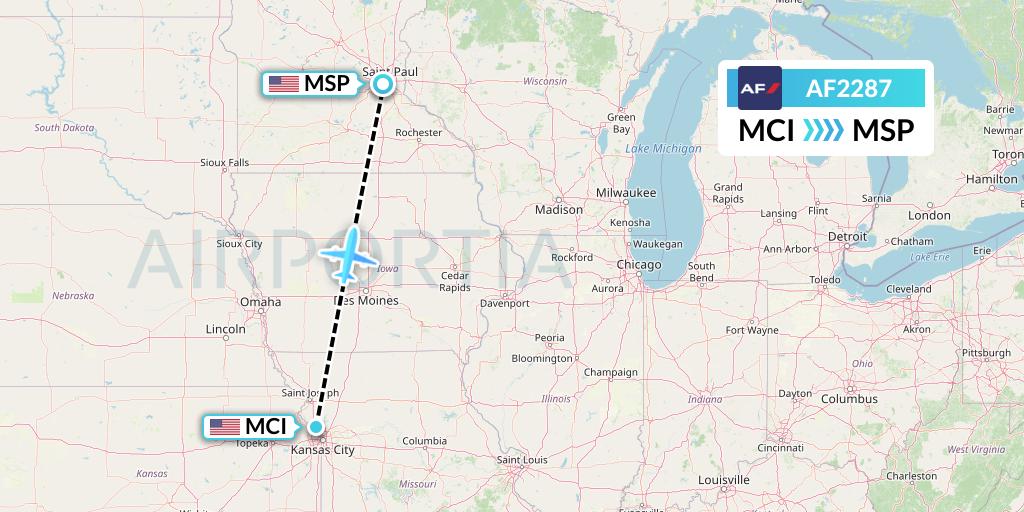 AF2287 Air France Flight Map: Kansas City to Minneapolis