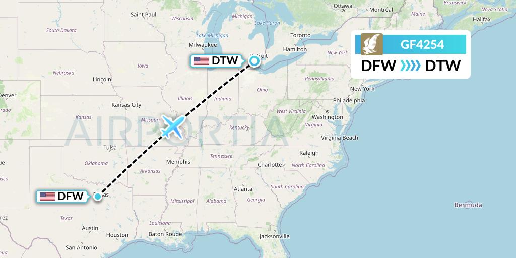 GF4254 Gulf Air Flight Map: Dallas to Detroit