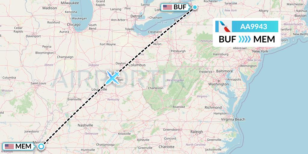 AA9943 American Airlines Flight Map: Buffalo to Memphis