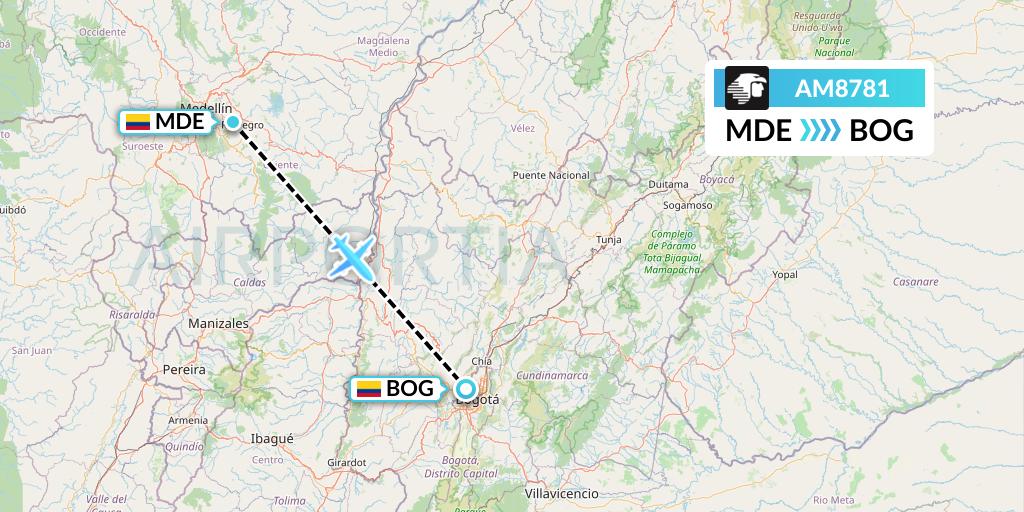 AM8781 Aeromexico Flight Map: Medellin to Bogota