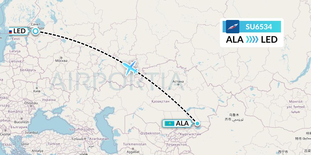 SU6534 Aeroflot Flight Map: Almaty to St. Petersburg