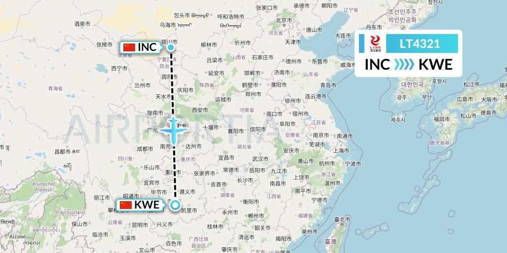 LT4321 LongJiang Airlines Flight Map: Yinchuan to Guiyang