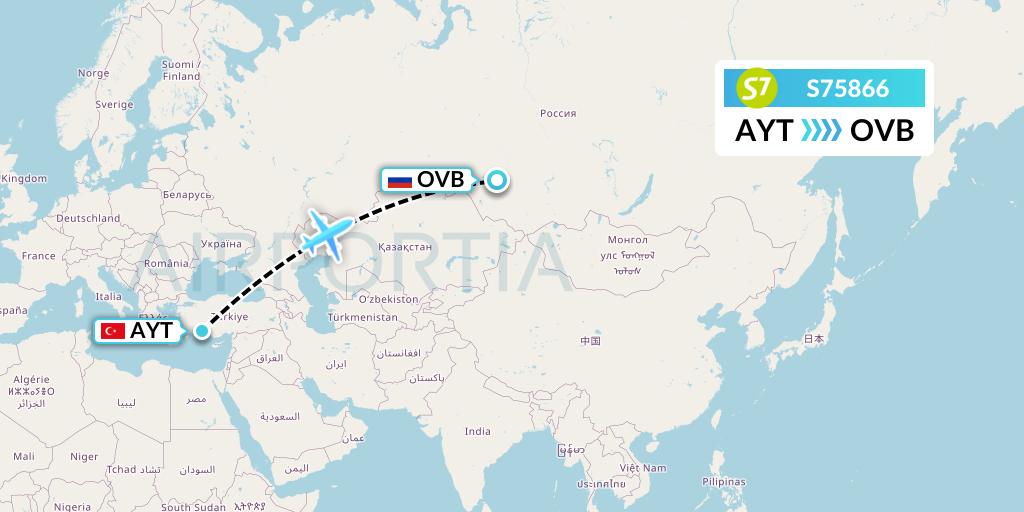 S75866 S7 Airlines Flight Map: Antalya to Novosibirsk