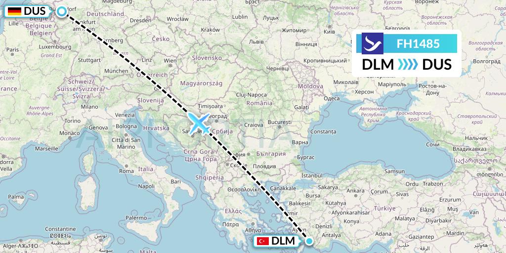 FH1485 Freebird Airlines Flight Map: Dalaman to Dusseldorf