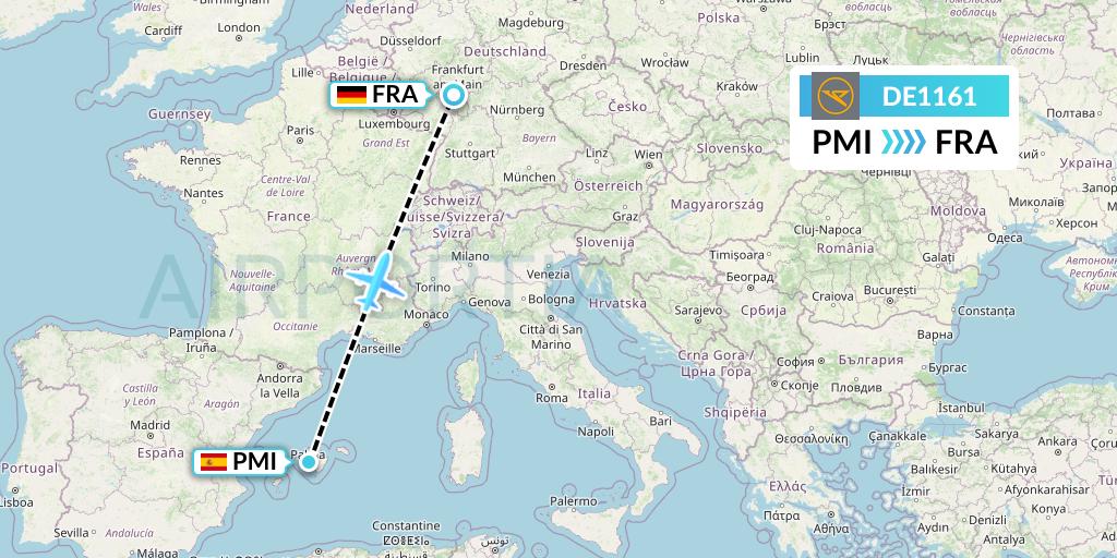 DE1161 Condor Flight Map: Palma de Mallorca to Frankfurt