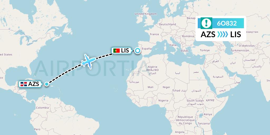 6O832 Orbest Flight Map: Samana to Lisbon