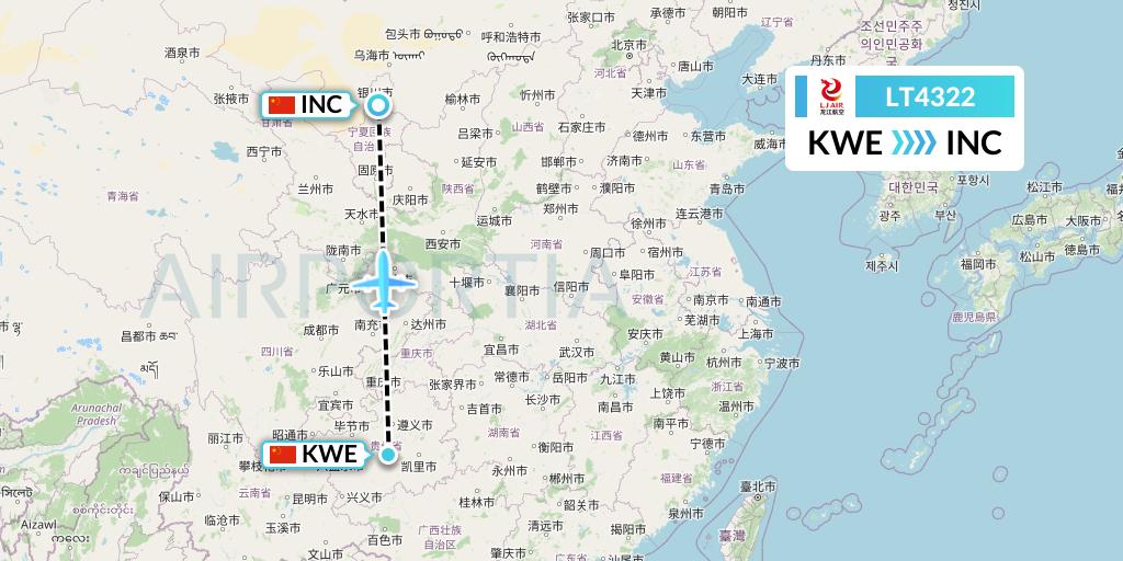 LT4322 LongJiang Airlines Flight Map: Guiyang to Yinchuan