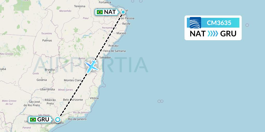 CM3635 Copa Airlines Flight Map: Natal to Sao Paulo