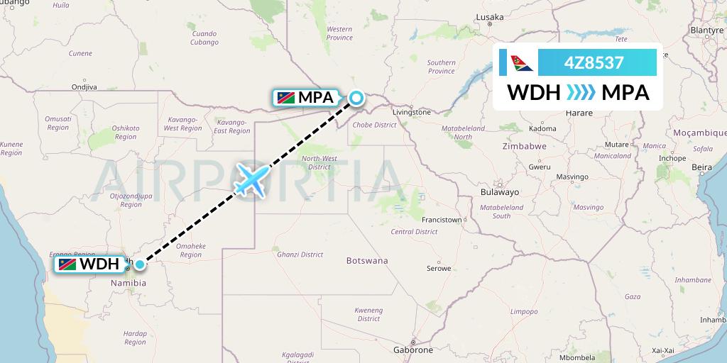 4Z8537 Airlink Flight Map: Windhoek to Mpacha