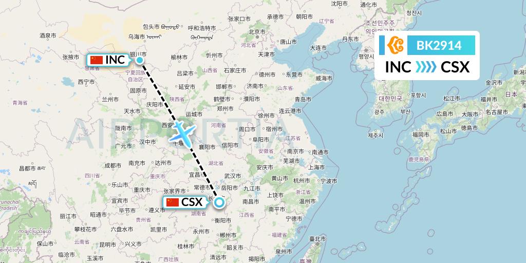 BK2914 Okay Airways Flight Map: Yinchuan to Changsha