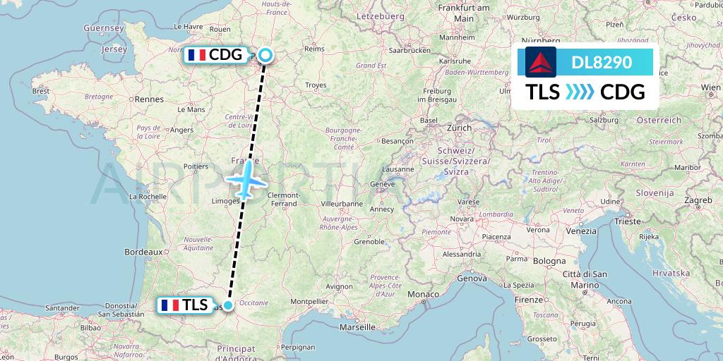 DL8290 Delta Air Lines Flight Map: Toulouse to Paris