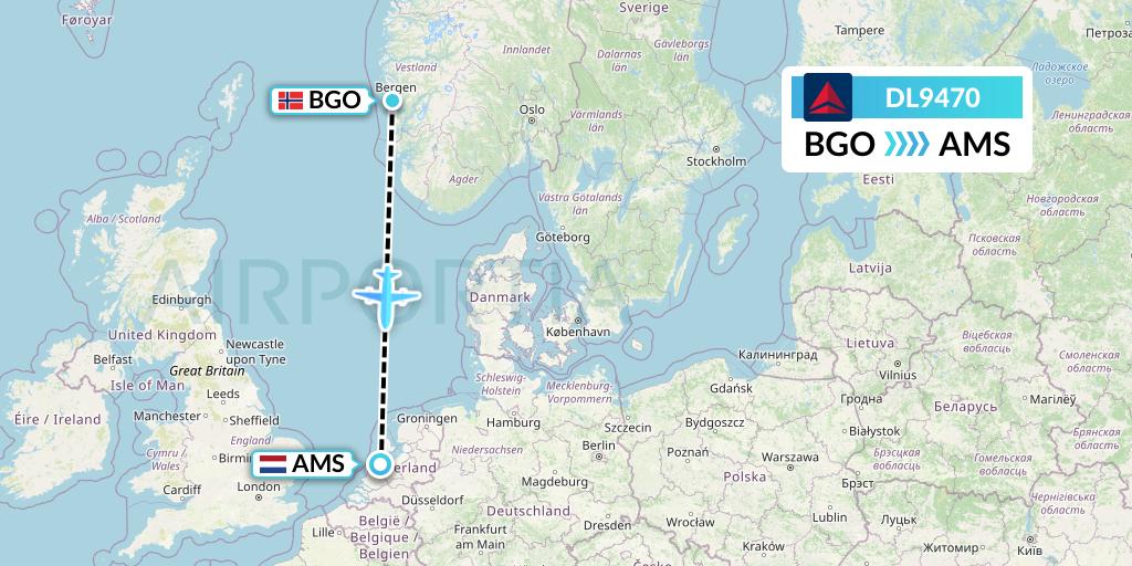 DL9470 Delta Air Lines Flight Map: Bergen to Amsterdam