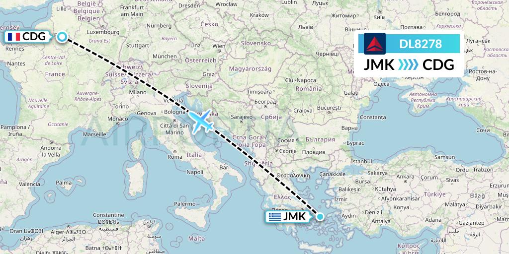 DL8278 Delta Air Lines Flight Map: Mykonos to Paris