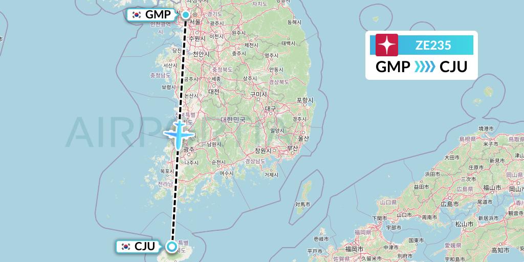 ZE235 Eastar Jet Flight Map: Seoul to Jeju