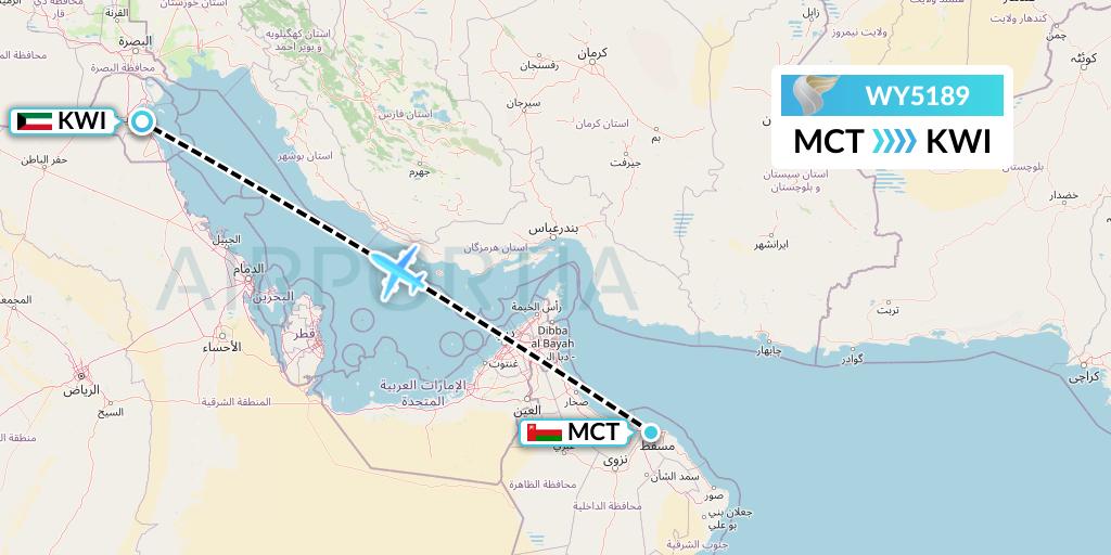 WY5189 Oman Air Flight Map: Muscat to Kuwait City