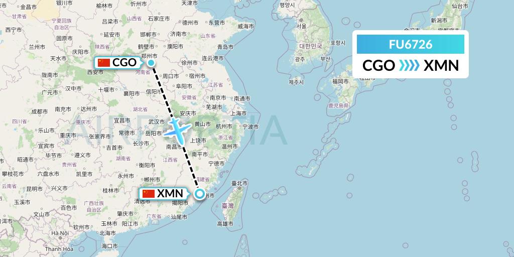 FU6726 Fuzhou Airlines Flight Map: Zhengzhou to Xiamen