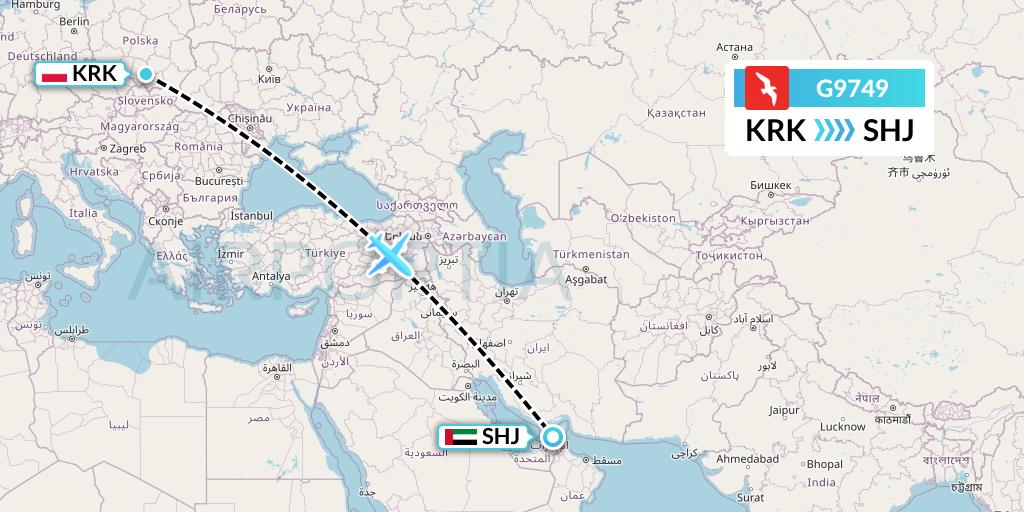 G9749 Air Arabia Flight Map: Krakow to Sharjah