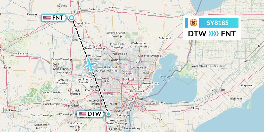 SY8185 Sun Country Airlines Flight Map: Detroit to Flint