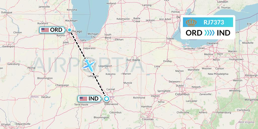 RJ7373 Royal Jordanian Flight Map: Chicago to Indianapolis