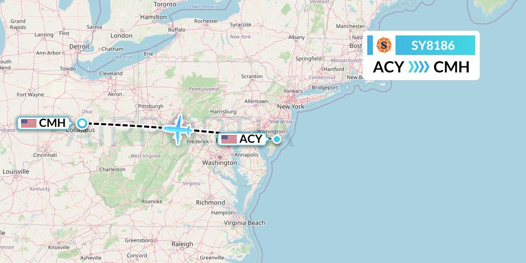 SY8186 Sun Country Airlines Flight Map: Atlantic City to Columbus