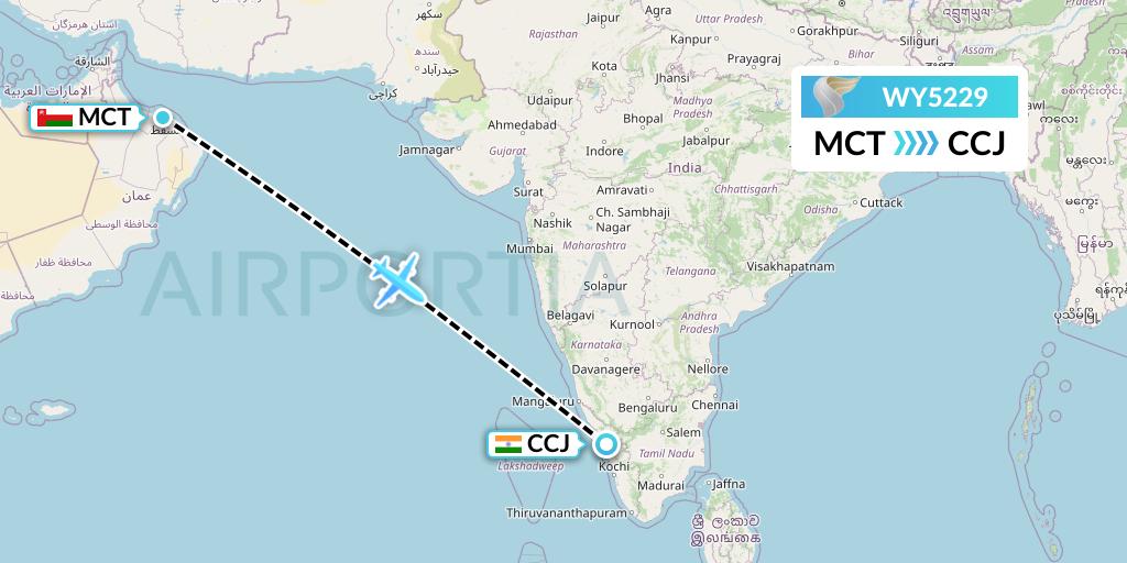 WY5229 Oman Air Flight Map: Muscat to Kozhikode