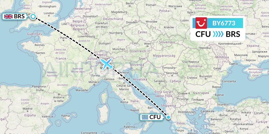BY6773 TUI Airways Flight Map: Corfu to Bristol
