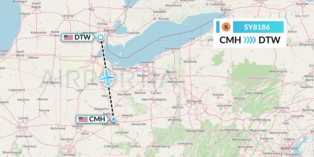 SY8186 Sun Country Airlines Flight Map: Columbus to Detroit