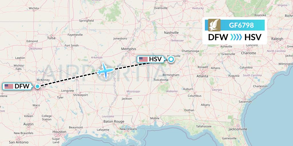 GF6798 Gulf Air Flight Map: Dallas to Huntsville