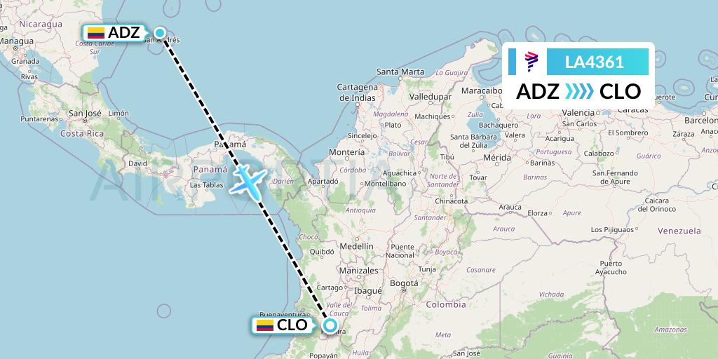 LA4361 LAN Airlines Flight Map: San Andres Island to Cali