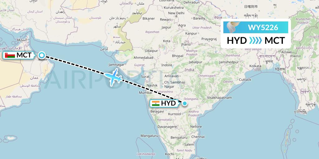 WY5226 Oman Air Flight Map: Hyderabad to Muscat