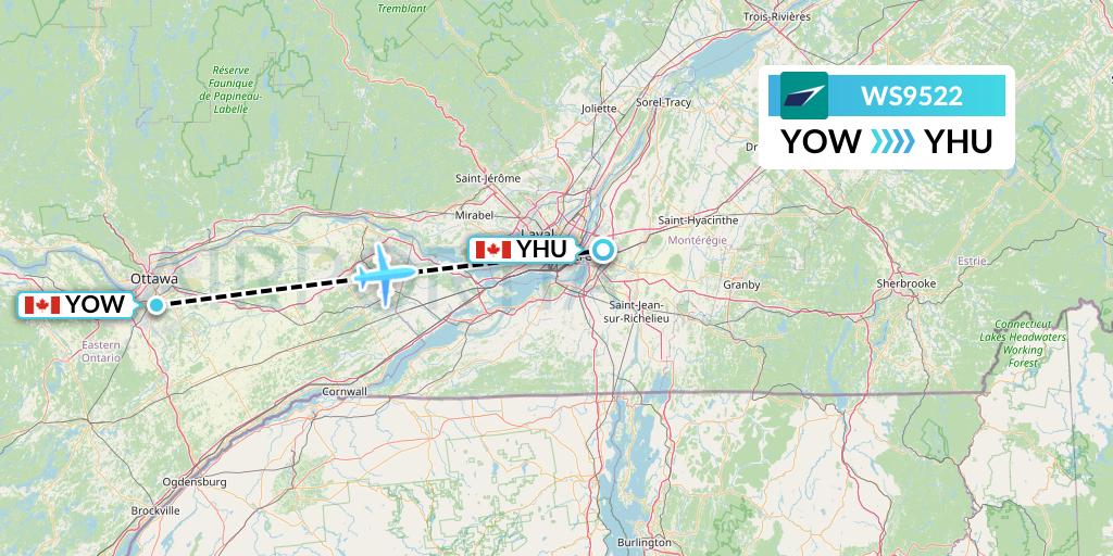 WS9522 WestJet Flight Map: Ottawa to Montreal