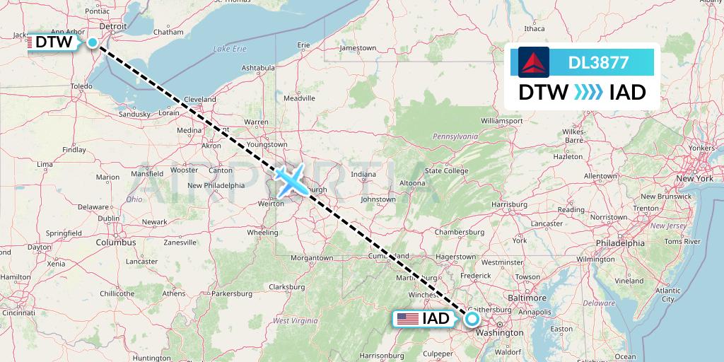 DL3877 Delta Air Lines Flight Map: Detroit to Washington