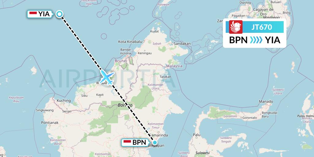 JT670 Lion Airlines Flight Map: Balikpapan to Yogyakarta