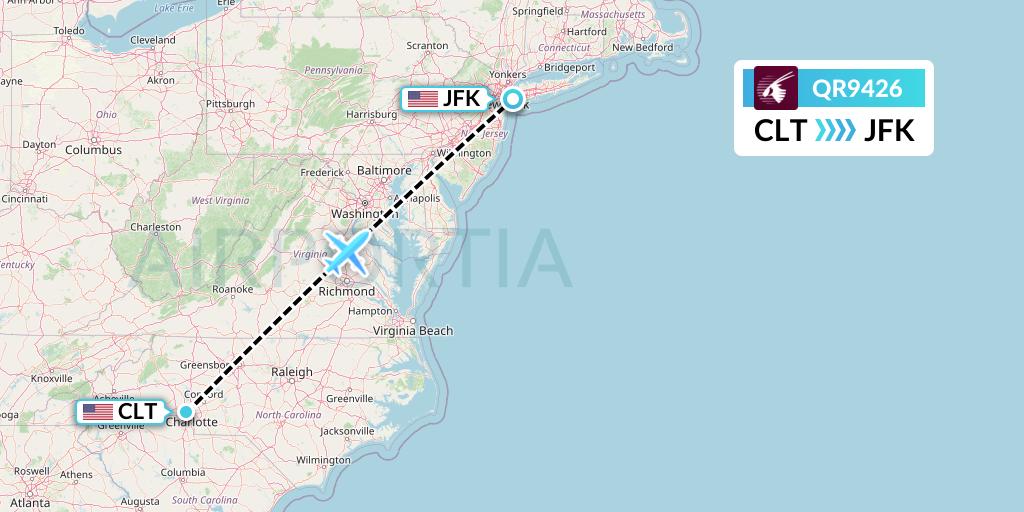 QR9426 Qatar Airways Flight Map: Charlotte to New York
