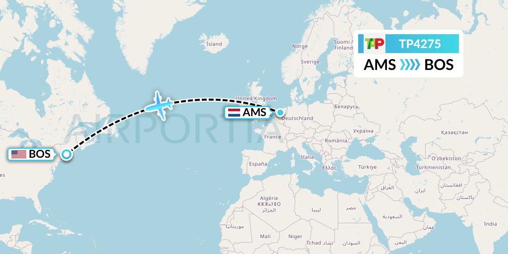 TP4275 TAP Portugal Flight Map: Amsterdam to Boston