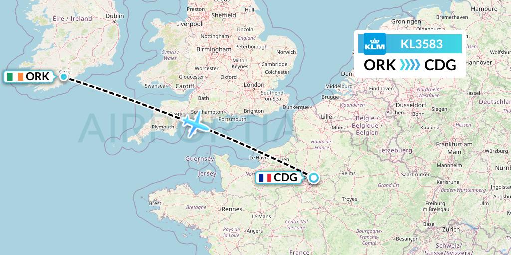 KL3583 KLM Flight Map: Cork to Paris