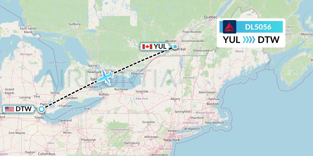 DL5056 Delta Air Lines Flight Map: Montreal to Detroit