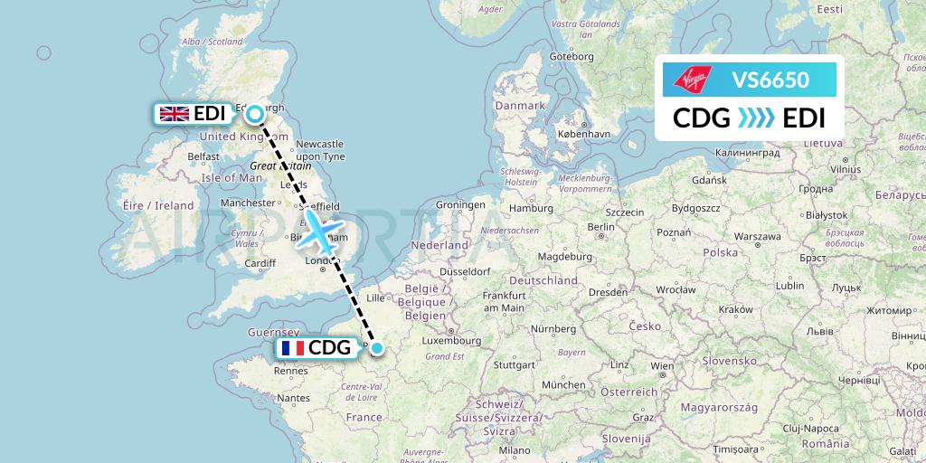 VS6650 Virgin Atlantic Airways Flight Map: Paris to Edinburgh