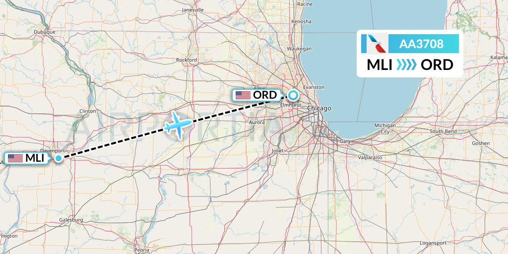 AA3708 American Airlines Flight Map: Moline to Chicago