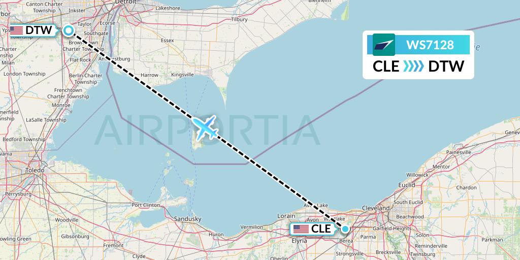 WS7128 WestJet Flight Map: Cleveland to Detroit