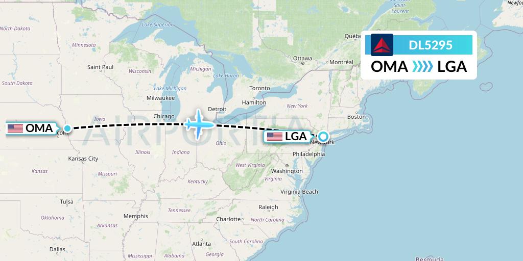 DL5295 Delta Air Lines Flight Map: Omaha to New York